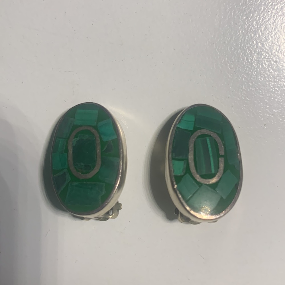 Vintage signed TE-50 Mexico sterling silver malachite inland clip on earrings - Picture 4 of 7
